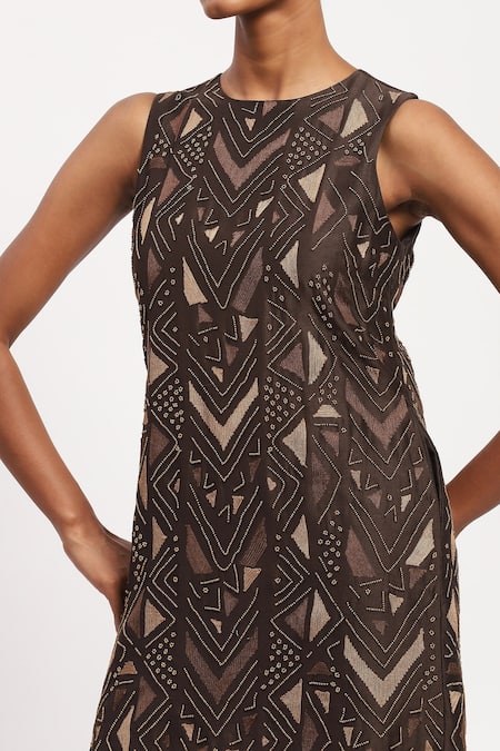 Abraham And Thakore Brown Chanderi Beads, Embroidery Round Neck Chevron Dress at Aza Fashions Abraham And Thakore_Brown Chanderi Beads, Embroidery Round Neck Chevron Dress _at_Aza_Fashions