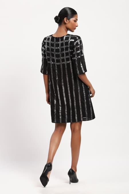 Shop Abraham And Thakore Black Chanderi Sequins Round Neck Windowpane Embellished Dress at Aza Fashions Shop_Abraham And Thakore_Black Chanderi Sequins Round Neck Windowpane Embellished Dress_at_Aza_Fashions