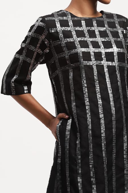 Buy Abraham And Thakore Black Chanderi Sequins Round Neck Windowpane Embellished Dress Online at Aza Fashions Buy_Abraham And Thakore_Black Chanderi Sequins Round Neck Windowpane Embellished Dress_Online_at_Aza_Fashions