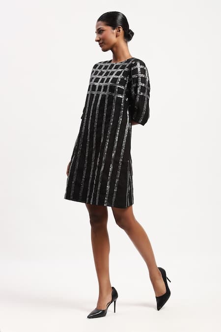 Shop Abraham And Thakore Black Chanderi Sequins Round Neck Windowpane Embellished Dress Online at Aza Fashions Shop_Abraham And Thakore_Black Chanderi Sequins Round Neck Windowpane Embellished Dress_Online_at_Aza_Fashions