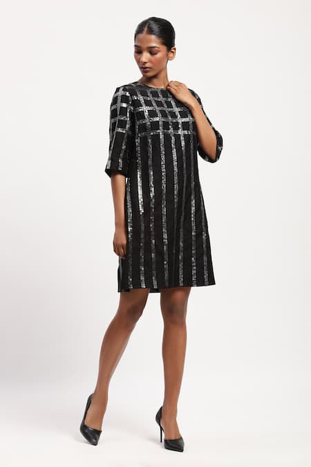 Abraham And Thakore Black Chanderi Sequins Round Neck Windowpane Embellished Dress at Aza Fashions Abraham And Thakore_Black Chanderi Sequins Round Neck Windowpane Embellished Dress_at_Aza_Fashions