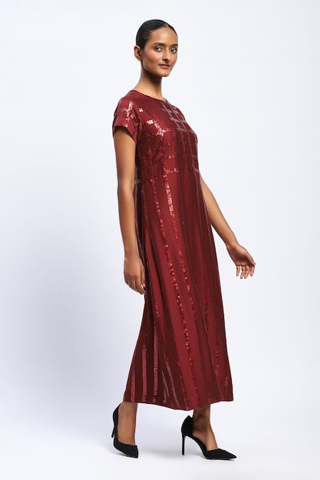 Abraham And Thakore Burgundy Chanderi Sequins Round Neck Windowpane Midi Dress Online at Aza Fashions Abraham And Thakore_Burgundy Chanderi Sequins Round Neck Windowpane Midi Dress _Online_at_Aza_Fashions