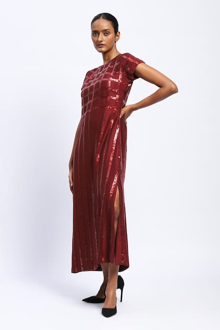 Shop Abraham And Thakore Burgundy Chanderi Sequins Round Neck Windowpane Midi Dress Online at Aza Fashions Shop_Abraham And Thakore_Burgundy Chanderi Sequins Round Neck Windowpane Midi Dress _Online_at_Aza_Fashions