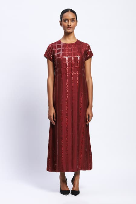 Abraham And Thakore Burgundy Chanderi Sequins Round Neck Windowpane Midi Dress at Aza Fashions Abraham And Thakore_Burgundy Chanderi Sequins Round Neck Windowpane Midi Dress _at_Aza_Fashions