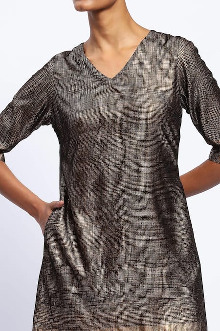 Buy Abraham And Thakore Gold Georgette V-neck Foli Embroidered Lines Tunic Buy_Abraham And Thakore_Gold Georgette V-neck Foli Embroidered Lines Tunic