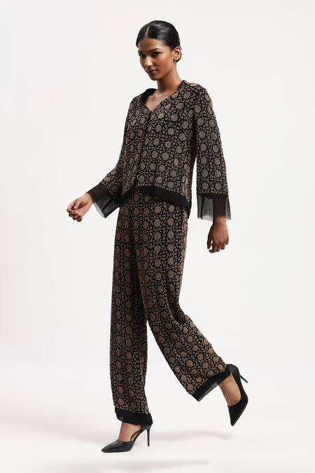 Buy Abraham And Thakore Black Georgette Sequins, Beads V-neck Wicker Pattern And Shirt Online at Aza Fashions Buy_Abraham And Thakore_Black Georgette Sequins, Beads V-neck Wicker Pattern And Shirt_Online_at_Aza_Fashions