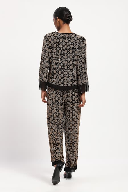 Shop Abraham And Thakore Black Georgette Sequins, Beads V-neck Wicker Pattern And Shirt at Aza Fashions Shop_Abraham And Thakore_Black Georgette Sequins, Beads V-neck Wicker Pattern And Shirt_at_Aza_Fashions