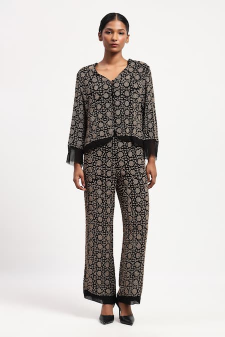 Shop Abraham And Thakore Black Georgette Sequins, Beads V-neck Wicker Pattern And Shirt Online at Aza Fashions Shop_Abraham And Thakore_Black Georgette Sequins, Beads V-neck Wicker Pattern And Shirt_Online_at_Aza_Fashions