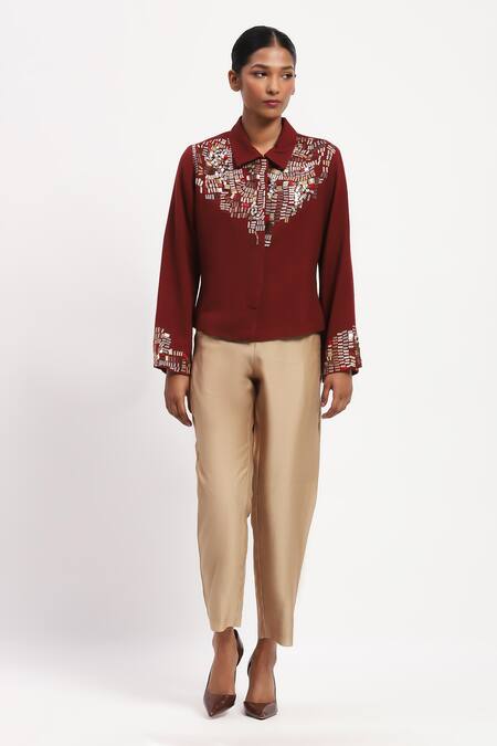 Abraham And Thakore Burgundy Silk Sequins Collared Mosaic Embellished Shirt Online at Aza Fashions Abraham And Thakore_Burgundy Silk Sequins Collared Mosaic Embellished Shirt _Online_at_Aza_Fashions