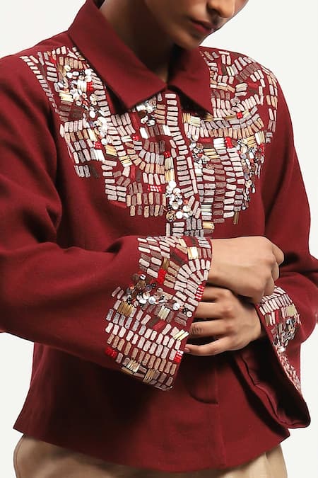 Buy Abraham And Thakore Burgundy Silk Sequins Collared Mosaic Embellished Shirt Online at Aza Fashions Buy_Abraham And Thakore_Burgundy Silk Sequins Collared Mosaic Embellished Shirt _Online_at_Aza_Fashions