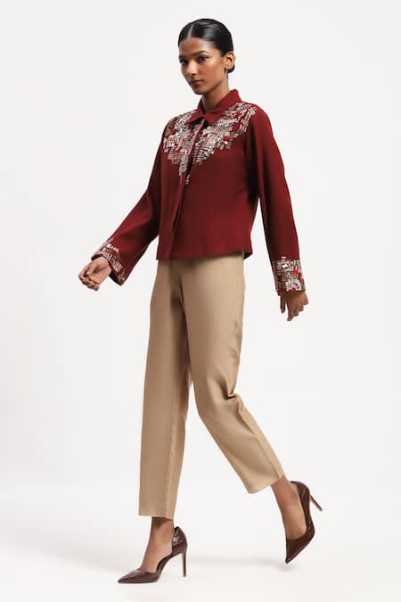 Shop Abraham And Thakore Burgundy Silk Sequins Collared Mosaic Embellished Shirt Online at Aza Fashions Shop_Abraham And Thakore_Burgundy Silk Sequins Collared Mosaic Embellished Shirt _Online_at_Aza_Fashions