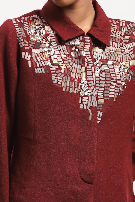 Abraham And Thakore Burgundy Silk Sequins Collared Mosaic Embellished Shirt at Aza Fashions Abraham And Thakore_Burgundy Silk Sequins Collared Mosaic Embellished Shirt _at_Aza_Fashions