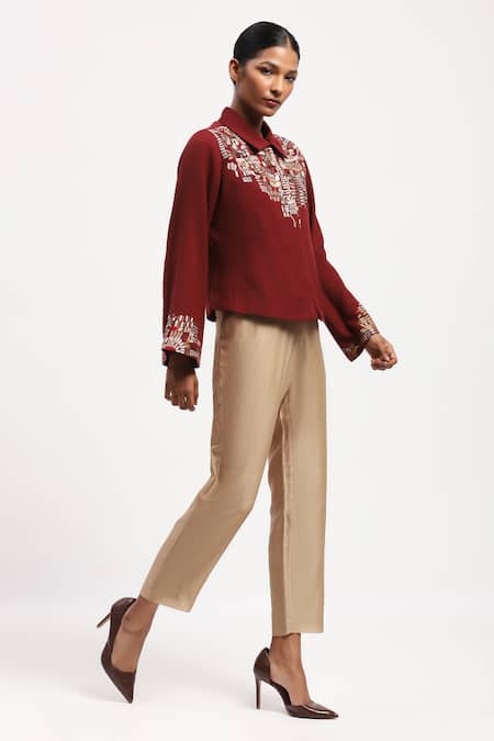 Buy Abraham And Thakore Burgundy Silk Sequins Collared Mosaic Embellished Shirt Buy_Abraham And Thakore_Burgundy Silk Sequins Collared Mosaic Embellished Shirt