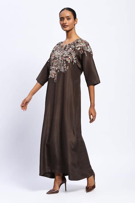 Abraham And Thakore Brown Silk Sequins Round Neck Mosaic Embellished Kaftan Online at Aza Fashions Abraham And Thakore_Brown Silk Sequins Round Neck Mosaic Embellished Kaftan_Online_at_Aza_Fashions