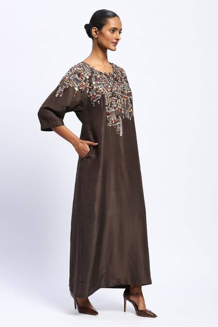 Buy Abraham And Thakore Brown Silk Sequins Round Neck Mosaic Embellished Kaftan Online at Aza Fashions Buy_Abraham And Thakore_Brown Silk Sequins Round Neck Mosaic Embellished Kaftan_Online_at_Aza_Fashions