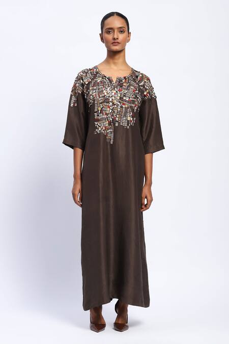 Shop Abraham And Thakore Brown Silk Sequins Round Neck Mosaic Embellished Kaftan Online at Aza Fashions Shop_Abraham And Thakore_Brown Silk Sequins Round Neck Mosaic Embellished Kaftan_Online_at_Aza_Fashions