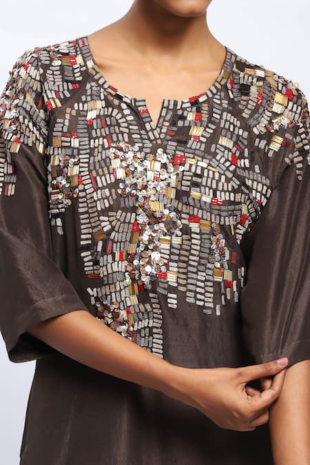 Buy Abraham And Thakore Brown Silk Sequins Round Neck Mosaic Embellished Kaftan Buy_Abraham And Thakore_Brown Silk Sequins Round Neck Mosaic Embellished Kaftan