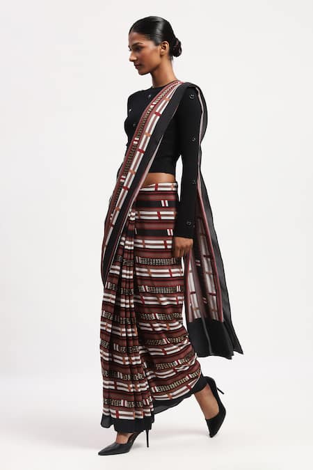 Abraham And Thakore_Multi Color Satin Beads, Sequins Geometric Embellished Saree _Online_at_Aza_Fashions
