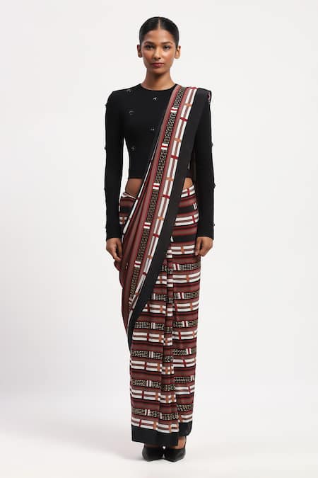 Buy_Abraham And Thakore_Multi Color Satin Beads, Sequins Geometric Embellished Saree _Online_at_Aza_Fashions