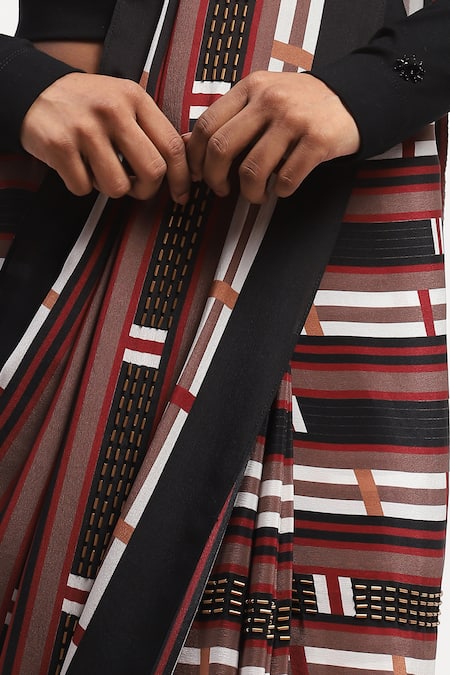 Shop_Abraham And Thakore_Multi Color Satin Beads, Sequins Geometric Embellished Saree _Online_at_Aza_Fashions