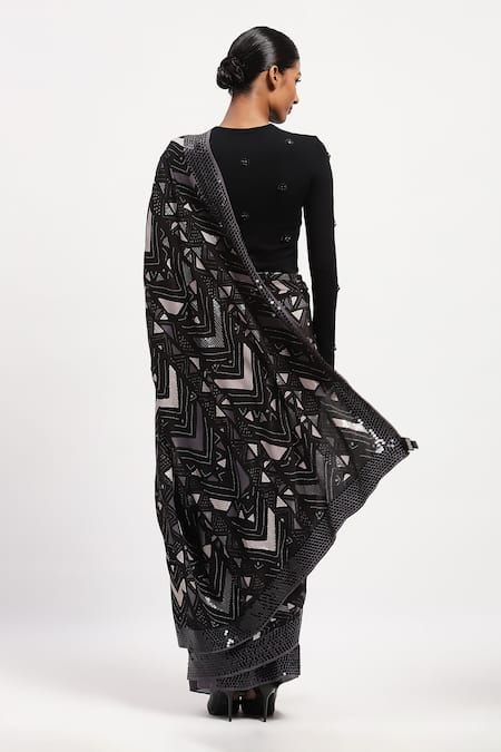 Shop Abraham And Thakore Black Satin Beads Embroidered Chevron Saree at Aza Fashions Shop_Abraham And Thakore_Black Satin Beads Embroidered Chevron Saree_at_Aza_Fashions