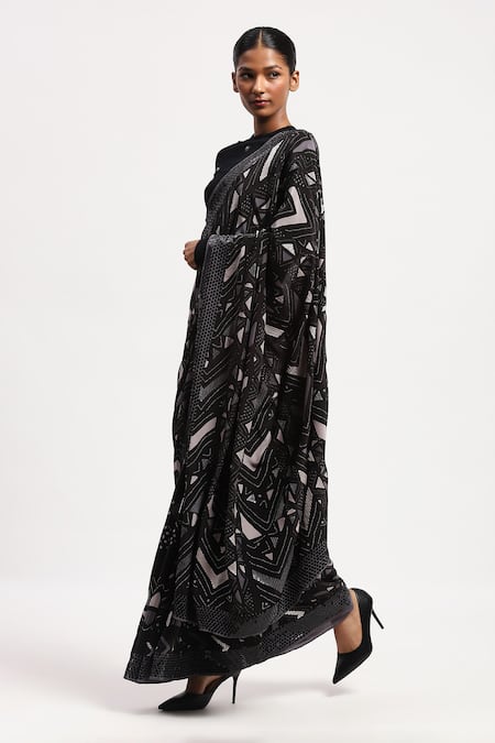 Abraham And Thakore Black Satin Beads Embroidered Chevron Saree Online at Aza Fashions Abraham And Thakore_Black Satin Beads Embroidered Chevron Saree_Online_at_Aza_Fashions