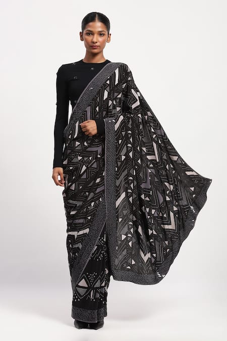 Buy Abraham And Thakore Black Satin Beads Embroidered Chevron Saree Online at Aza Fashions Buy_Abraham And Thakore_Black Satin Beads Embroidered Chevron Saree_Online_at_Aza_Fashions