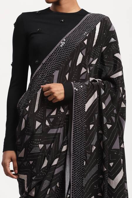 Shop Abraham And Thakore Black Satin Beads Embroidered Chevron Saree Online at Aza Fashions Shop_Abraham And Thakore_Black Satin Beads Embroidered Chevron Saree_Online_at_Aza_Fashions