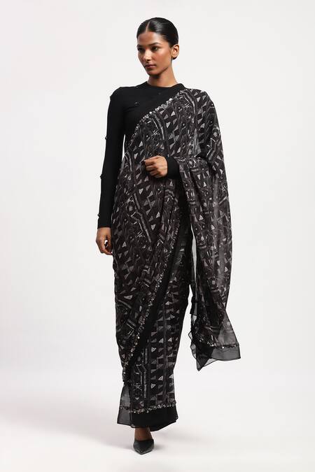 Abraham And Thakore Black Silk Sequins Geometric Embellished Saree Online at Aza Fashions Abraham And Thakore_Black Silk Sequins Geometric Embellished Saree_Online_at_Aza_Fashions