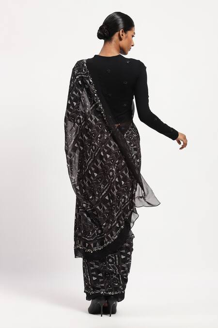 Shop Abraham And Thakore Black Silk Sequins Geometric Embellished Saree at Aza Fashions Shop_Abraham And Thakore_Black Silk Sequins Geometric Embellished Saree_at_Aza_Fashions