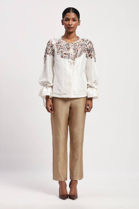 Abraham And Thakore White Silk Embroidery Round Neck Mosaic Top Online at Aza Fashions Abraham And Thakore_White Silk Embroidery Round Neck Mosaic Top _Online_at_Aza_Fashions