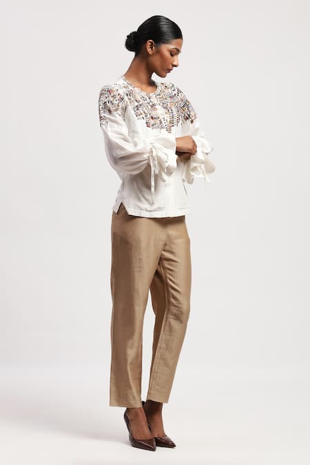 Shop Abraham And Thakore White Silk Embroidery Round Neck Mosaic Top Online at Aza Fashions Shop_Abraham And Thakore_White Silk Embroidery Round Neck Mosaic Top _Online_at_Aza_Fashions