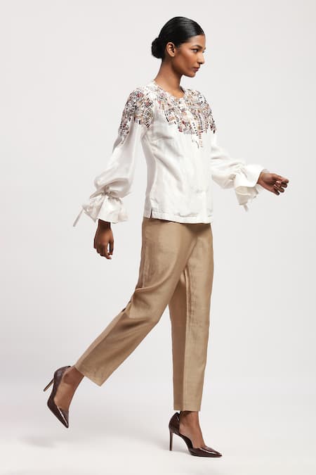 Abraham And Thakore White Silk Embroidery Round Neck Mosaic Top at Aza Fashions Abraham And Thakore_White Silk Embroidery Round Neck Mosaic Top _at_Aza_Fashions
