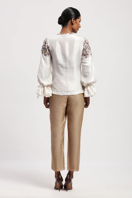 Shop Abraham And Thakore White Silk Embroidery Round Neck Mosaic Top at Aza Fashions Shop_Abraham And Thakore_White Silk Embroidery Round Neck Mosaic Top _at_Aza_Fashions