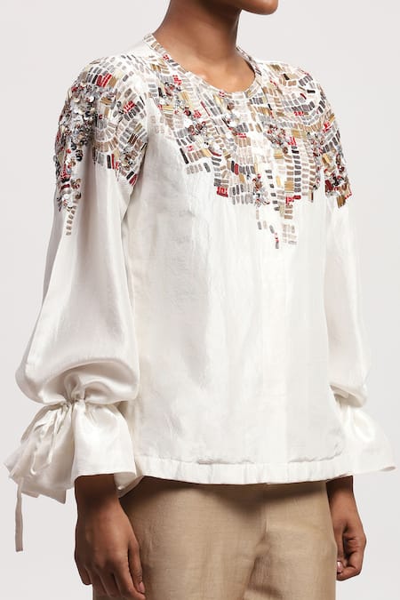 Buy Abraham And Thakore White Silk Embroidery Round Neck Mosaic Top Buy_Abraham And Thakore_White Silk Embroidery Round Neck Mosaic Top