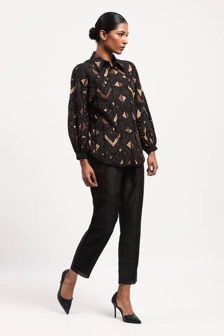 Abraham And Thakore Black Chanderi Beads, Embroidery Collared Chevron Embellished Shirt Online at Aza Fashions Abraham And Thakore_Black Chanderi Beads, Embroidery Collared Chevron Embellished Shirt_Online_at_Aza_Fashions