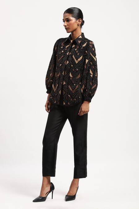 Shop Abraham And Thakore Black Chanderi Beads, Embroidery Collared Chevron Embellished Shirt Online at Aza Fashions Shop_Abraham And Thakore_Black Chanderi Beads, Embroidery Collared Chevron Embellished Shirt_Online_at_Aza_Fashions