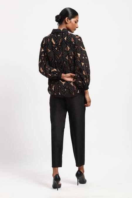 Shop Abraham And Thakore Black Chanderi Beads, Embroidery Collared Chevron Embellished Shirt at Aza Fashions Shop_Abraham And Thakore_Black Chanderi Beads, Embroidery Collared Chevron Embellished Shirt_at_Aza_Fashions