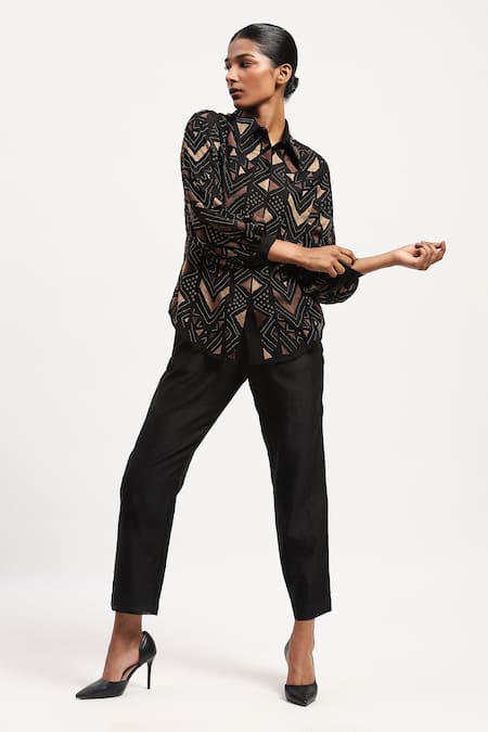 Abraham And Thakore Black Chanderi Beads, Embroidery Collared Chevron Embellished Shirt at Aza Fashions Abraham And Thakore_Black Chanderi Beads, Embroidery Collared Chevron Embellished Shirt_at_Aza_Fashions