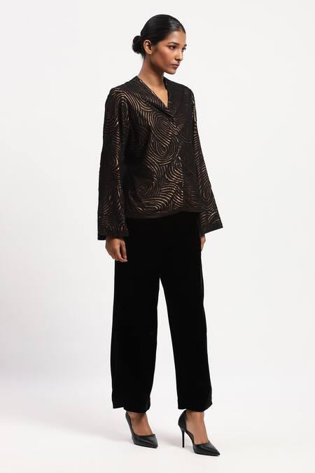 Abraham And Thakore Black Georgette Foil Printing V-neck Applique Shirt Online at Aza Fashions Abraham And Thakore_Black Georgette Foil Printing V-neck Applique Shirt_Online_at_Aza_Fashions
