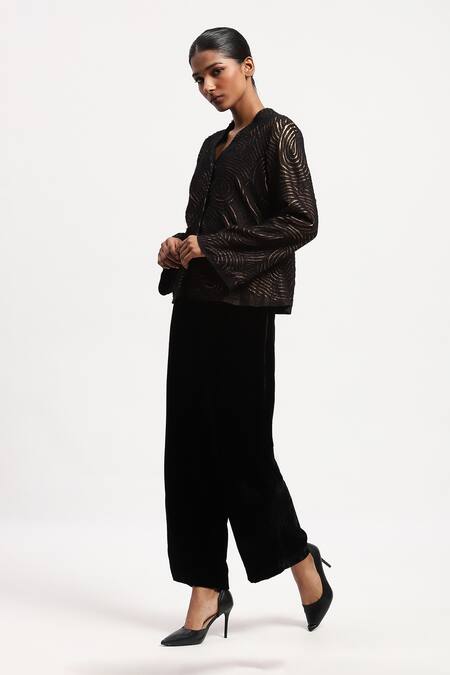 Buy Abraham And Thakore Black Georgette Foil Printing V-neck Applique Shirt Online at Aza Fashions Buy_Abraham And Thakore_Black Georgette Foil Printing V-neck Applique Shirt_Online_at_Aza_Fashions