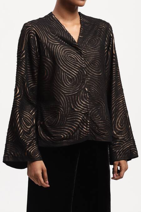 Abraham And Thakore Black Georgette Foil Printing V-neck Applique Shirt at Aza Fashions Abraham And Thakore_Black Georgette Foil Printing V-neck Applique Shirt_at_Aza_Fashions