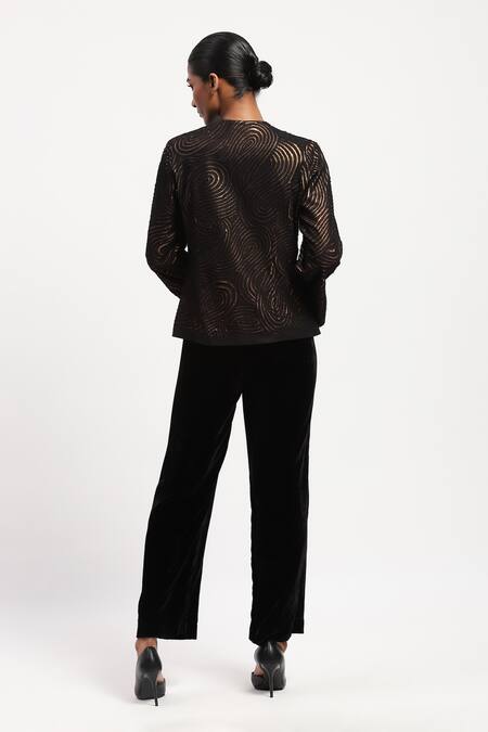 Shop Abraham And Thakore Black Georgette Foil Printing V-neck Applique Shirt at Aza Fashions Shop_Abraham And Thakore_Black Georgette Foil Printing V-neck Applique Shirt_at_Aza_Fashions