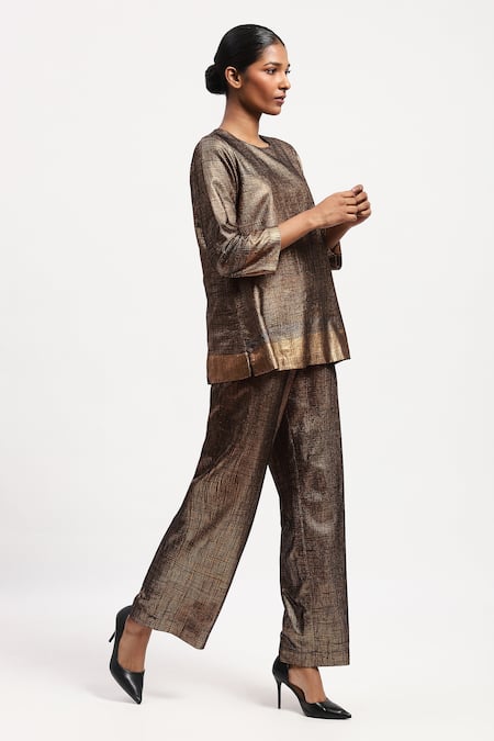 Abraham And Thakore Gold Georgette Foil Printing Round Neck Embroidered Top Online at Aza Fashions Abraham And Thakore_Gold Georgette Foil Printing Round Neck Embroidered Top_Online_at_Aza_Fashions