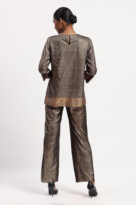 Shop Abraham And Thakore Gold Georgette Foil Printing Round Neck Embroidered Top at Aza Fashions Shop_Abraham And Thakore_Gold Georgette Foil Printing Round Neck Embroidered Top_at_Aza_Fashions