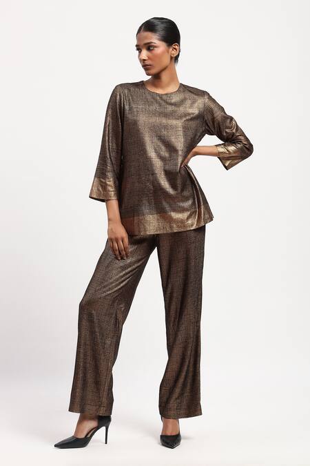 Buy Abraham And Thakore Gold Georgette Foil Printing Round Neck Embroidered Top Online at Aza Fashions Buy_Abraham And Thakore_Gold Georgette Foil Printing Round Neck Embroidered Top_Online_at_Aza_Fashions