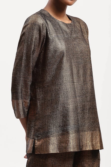 Abraham And Thakore Gold Georgette Foil Printing Round Neck Embroidered Top at Aza Fashions Abraham And Thakore_Gold Georgette Foil Printing Round Neck Embroidered Top_at_Aza_Fashions