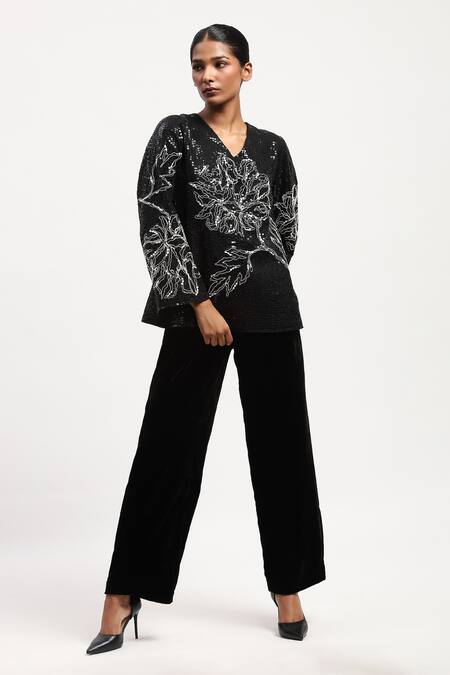 Abraham And Thakore Black Crepe Sequins V-neck Floral Embellished Top Online at Aza Fashions Abraham And Thakore_Black Crepe Sequins V-neck Floral Embellished Top _Online_at_Aza_Fashions