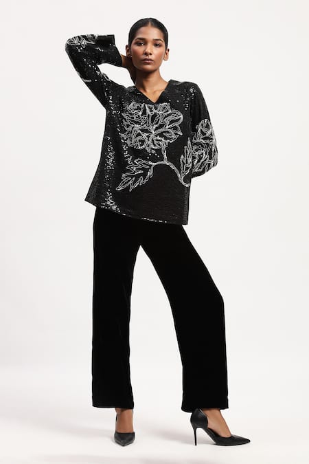 Shop Abraham And Thakore Black Crepe Sequins V-neck Floral Embellished Top at Aza Fashions Shop_Abraham And Thakore_Black Crepe Sequins V-neck Floral Embellished Top _at_Aza_Fashions
