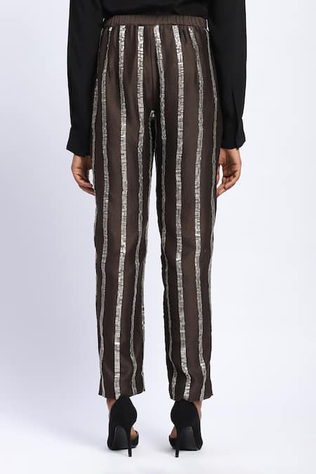 Shop Abraham And Thakore Brown Chanderi Sequins Stripe Pant at Aza Fashions Shop_Abraham And Thakore_Brown Chanderi Sequins Stripe Pant _at_Aza_Fashions